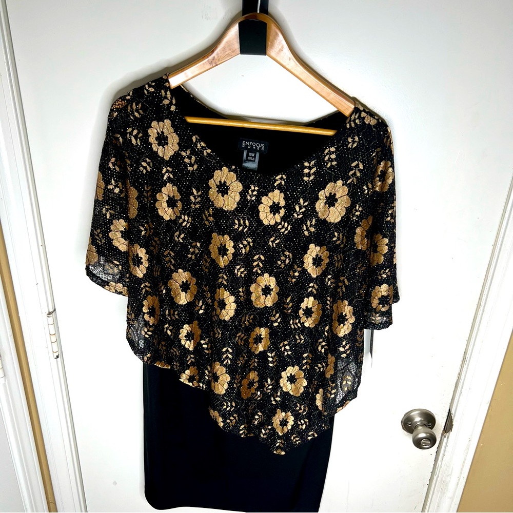 Enfocus Studio Womens 16W Black And Gold Lace Dress A-Line Fit Knee Length
